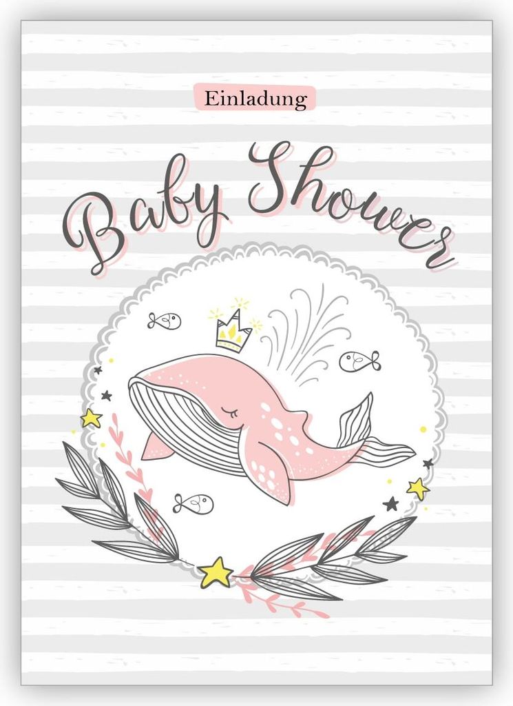 Niedliche Einladungskarte zur Baby Shower mit rosa Wal auf Streifen für Mädchen Baby Girls