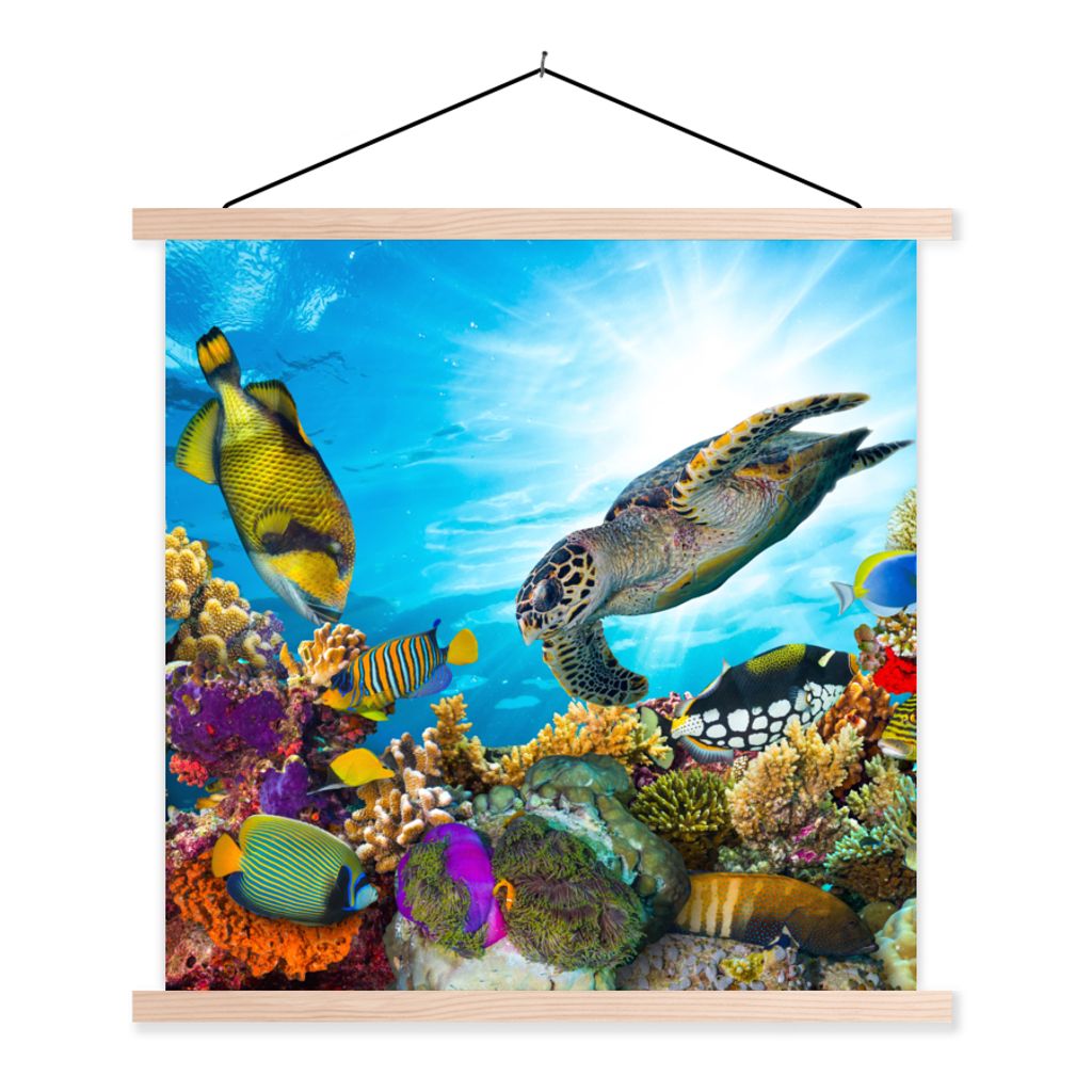 MuchoWow Textilposter Schildkröte - Meer - Koralle 120x120 cm mit holzfarbenen Rahmen - Textil-Poster