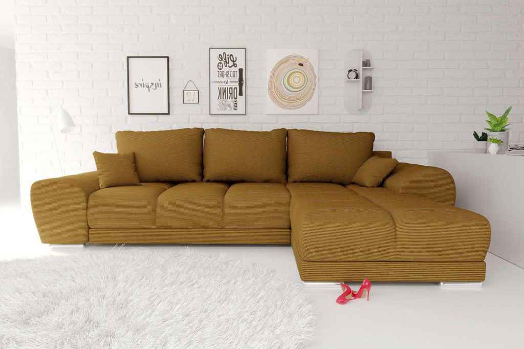 99rooms Antalya Ecksofa Cordstoff POSO Gold Rechts mit Schlaffunktion