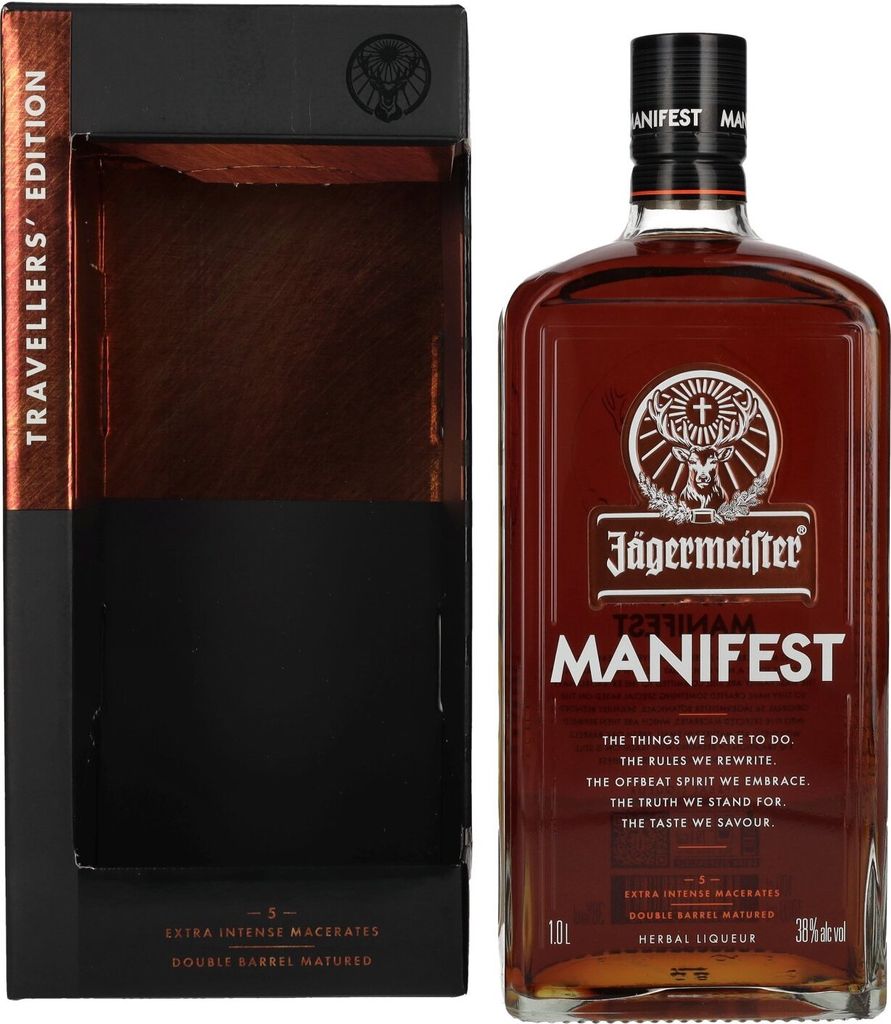 A bottle of Jägermeister Manifest Travelers' Edition herbal liqueur and its gift box are displayed against a white background.