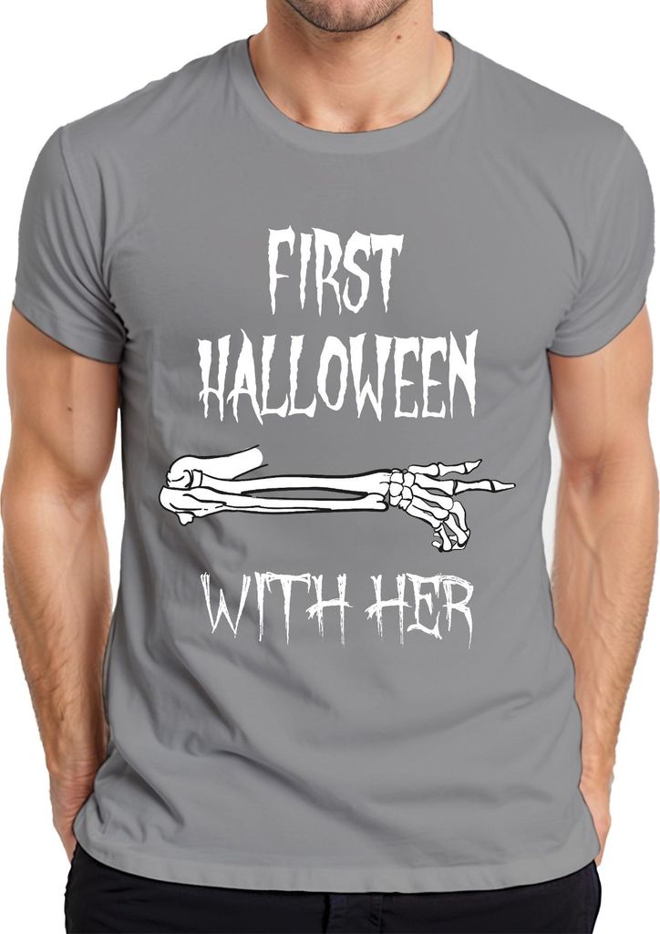 First Halloween With Her erstes Halloween Baby Mama Geschenk Arm Herren T-Shirt, Grau, XXL
