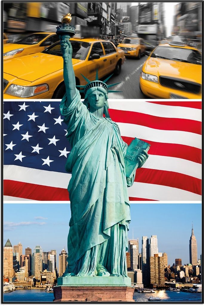 Wallario Wandbild New York Collage, Größe: 61 x 91,50 cm, Poster mit schwarzem Aluminiumrahmen