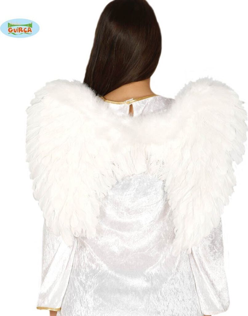 Back view of a person wearing white angel wings.