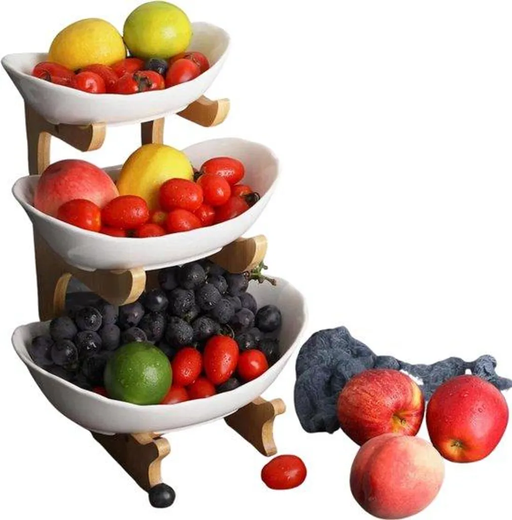 Corbeille à fruits 3 niveaux céramique blanche et socle bambou durable