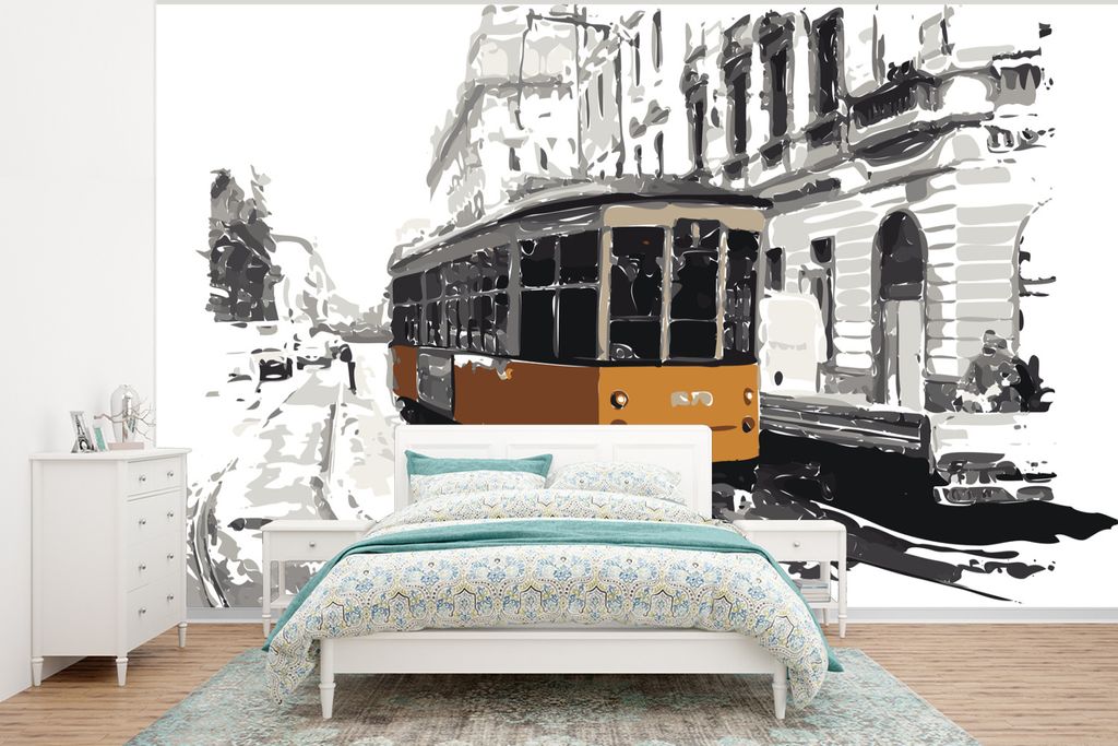 MuchoWow Fototapete für Wohnzimmer oder Schlafzimmer Wandtapete Vinyl Motivtapete Straßenbahn - Mailand - Zeichnung - 350x260 cm - Wohnzimmer-T...