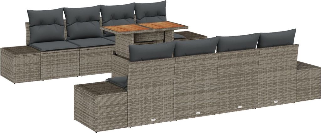 Möbel 9-teiliges Garten-Esszimmer-Set mit Kissen Grau Poly-Rattan Akazie - Gartensofas 3349936