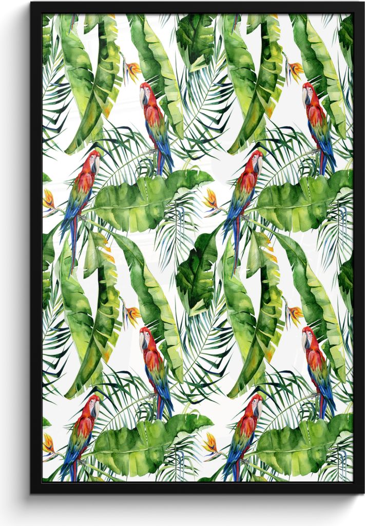 MuchoWow MuchoWow Gerahmtes Poster Blumen - Blätter - Papagei 60x90 cm - Poster mit zchwarzem Bilderrahmen - Kunst