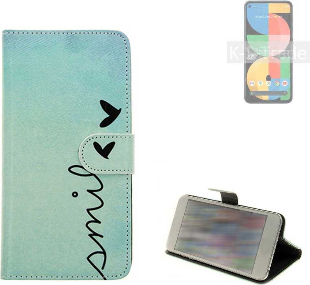 K-S-Trade Schutz Hülle Handy Hülle kompatibel mit Google Pixel 5a Hülle Handyhülle cover bookstyle Etui Handyhülle ''smile'' türkis