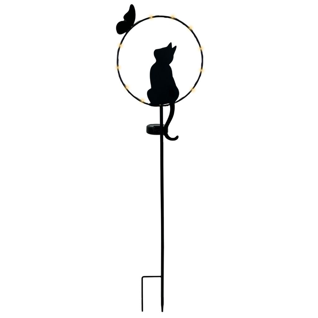 A black silhouette of a cat sitting inside a circular frame with a butterfly above it, mounted on a stake with a solar panel at the base.