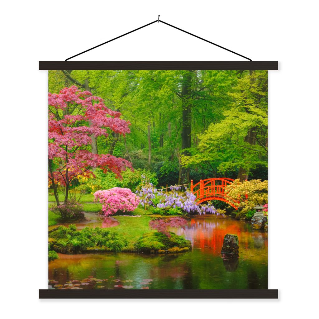 MuchoWow Textilposter Brücke - Japanisch - Botanisch - Bäume - Blumen 60x60 cm mit schwarzem Rahmen - Posteraufhänger