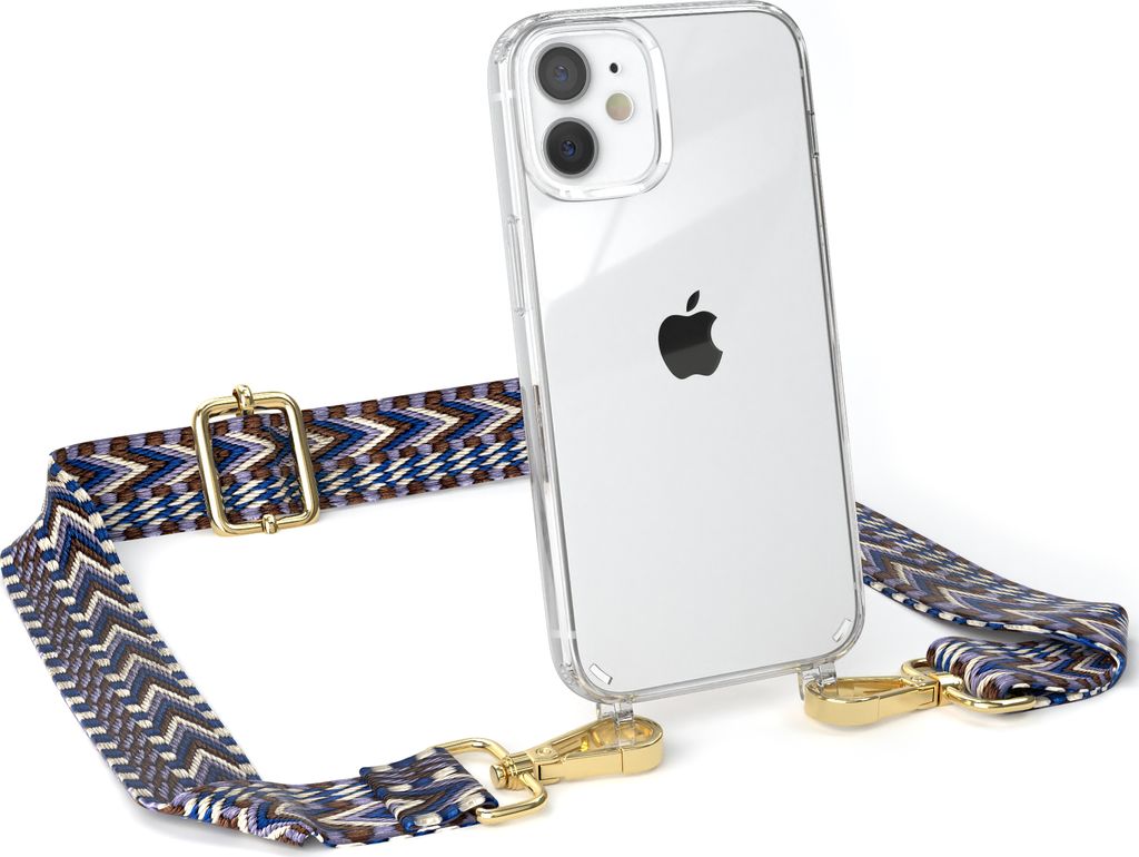 EAZY CASE Handykette - Verstellbarer Trageriemen kompatibel mit Apple iPhone 12 Mini, Handykordel mit transparenter Silikon-Hülle, Band in Blau
