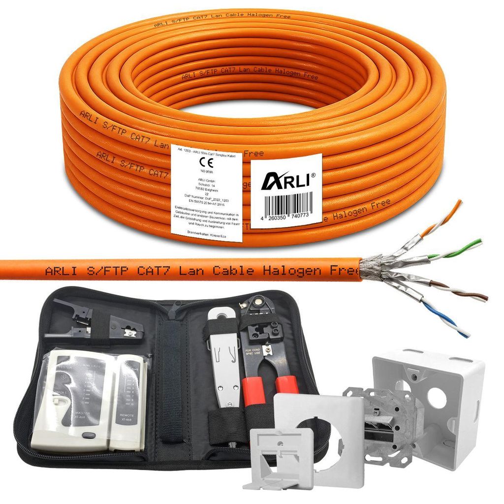 ARLI Cat7 50 m Verlegekabel S/FTP PIMF halogenfrei + Cat6a Netzwerkdose + Crimpzange LSA Netzwerktester Abisoliermesser Werkzeugtasche