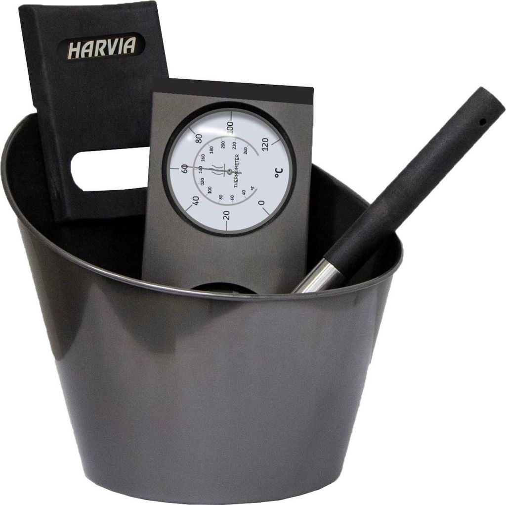 Harvia Sauna Zubehörset Black Steel Saunakübel Kelle Thermo-Hygrometer Edelstahl