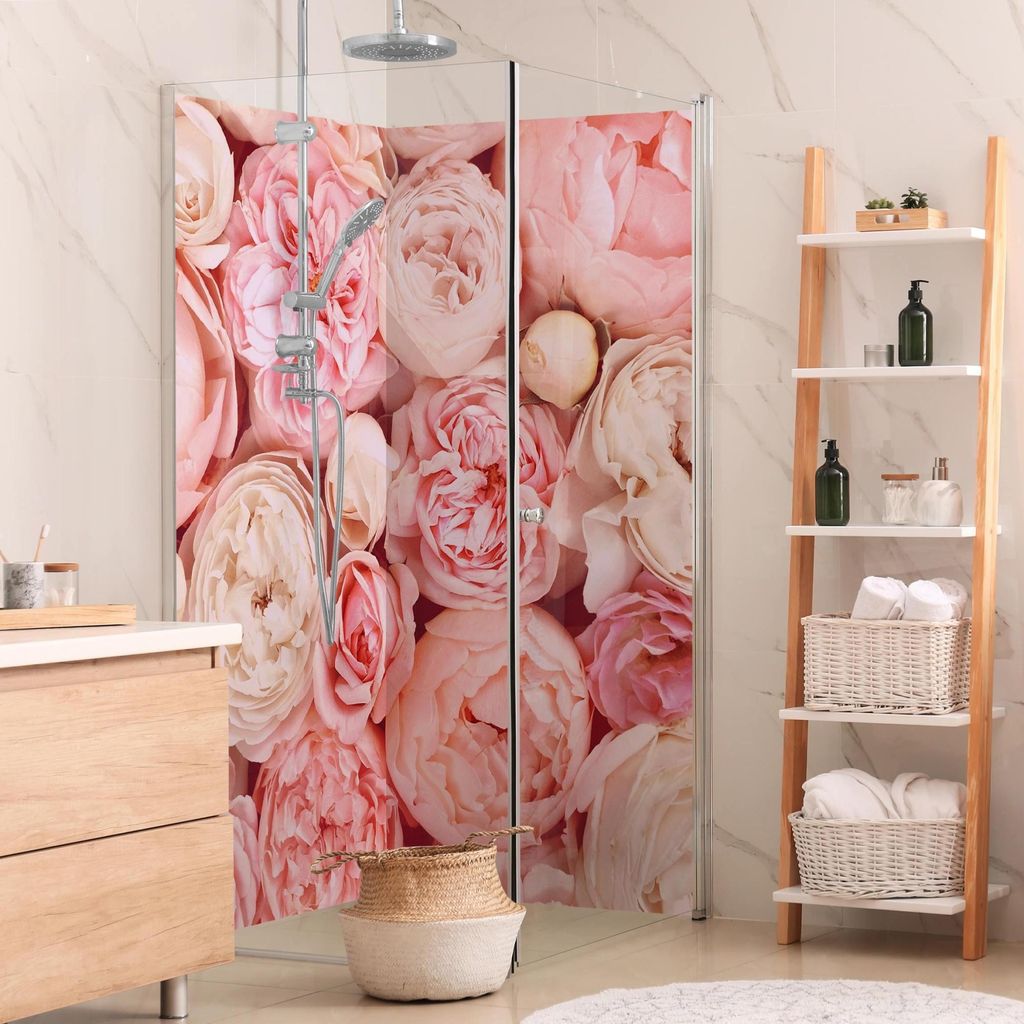 Duschrückwand Blumen selbstklebend - 0.61 mm Wandpaneel wasserfest Rose pastell Landhaus Badrückwand fugenlos Premium matt 110x190 cm