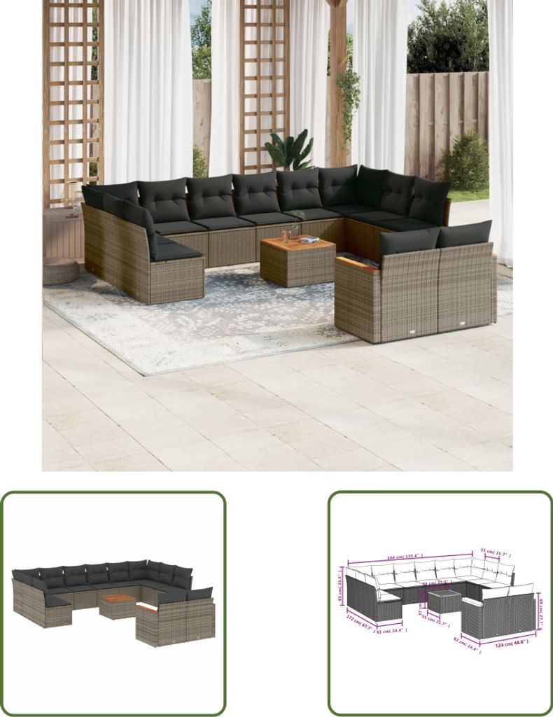 The Living Store 13-tlg. Garten-Sofagarnitur mit Kissen Grau Poly Rattan