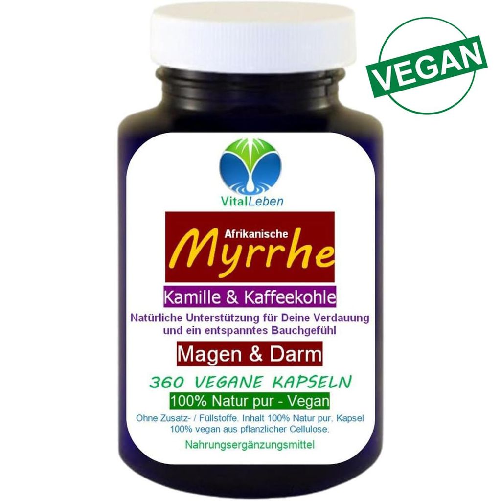 Myrrhe Kamille Kaffeekohle VEGAN 360 Kapseln für Verdauung, Magen-Darm-Balance. Pflanzlich, ohne Zusatzstoffe. 27415-360