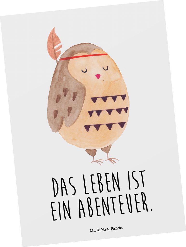 Mr. & Mrs. Panda Ansichtskarte Eule Federschmuck - Weiß - Geschenk, mutig, bildkarte, Postkarten, Grußkarte, Abenteuer, Postkarte, Dekoration, De...
