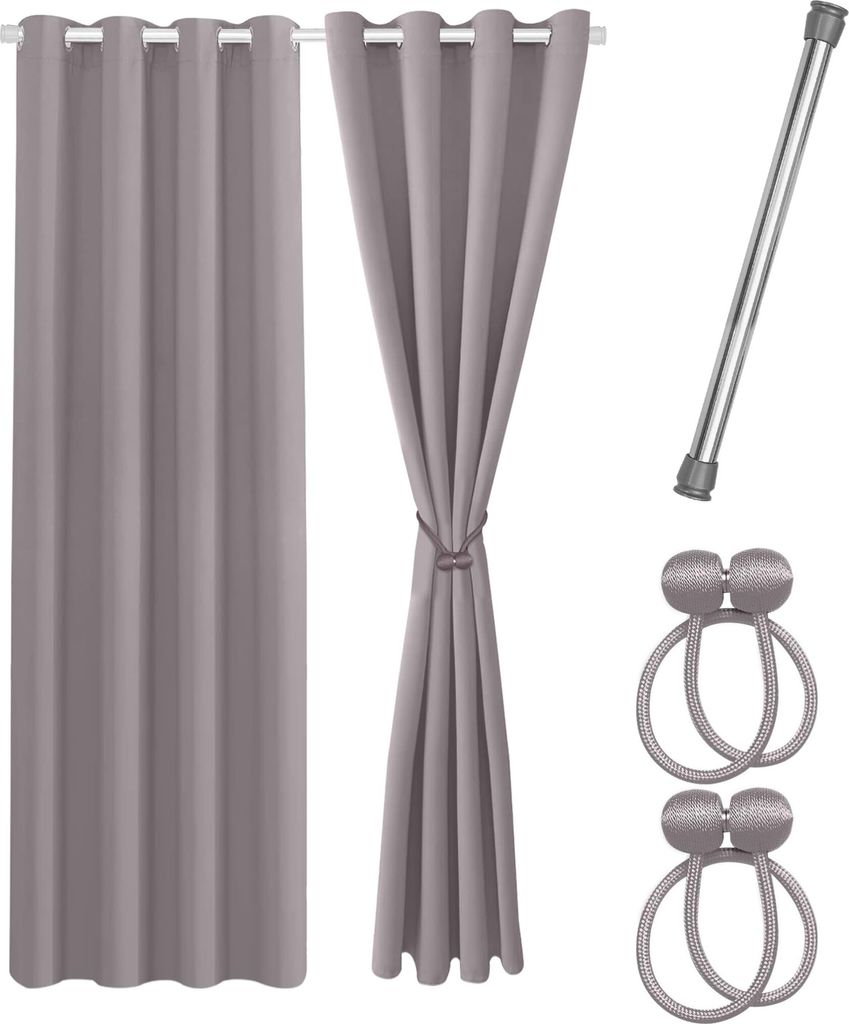 COZYOR Praktisches Set ohne Bohren: 2x Vorhang + 1x Klemmstange (silber) + 2x Raffhalter, 160x135cm, hellgrau
