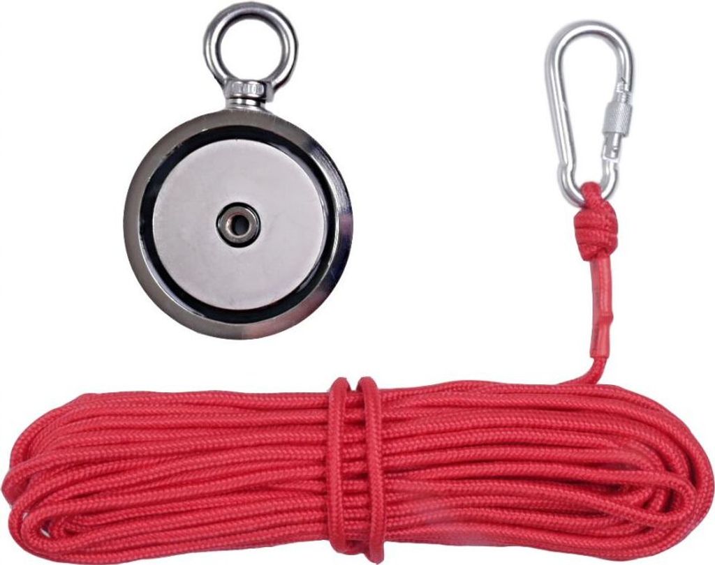 A magnet fishing kit with a round neodymium magnet and a red rope, laid out on a white background.