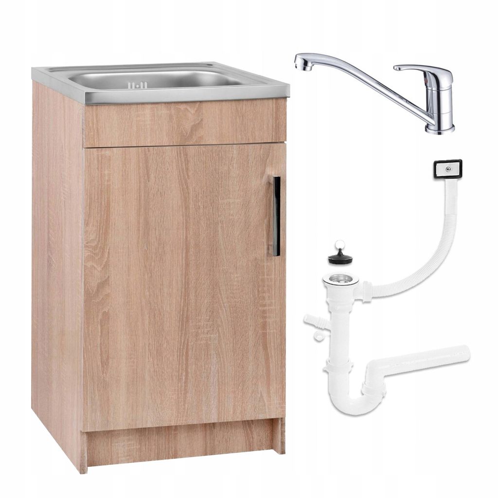 A single unit sink cabinet with a faucet and drain assembly.