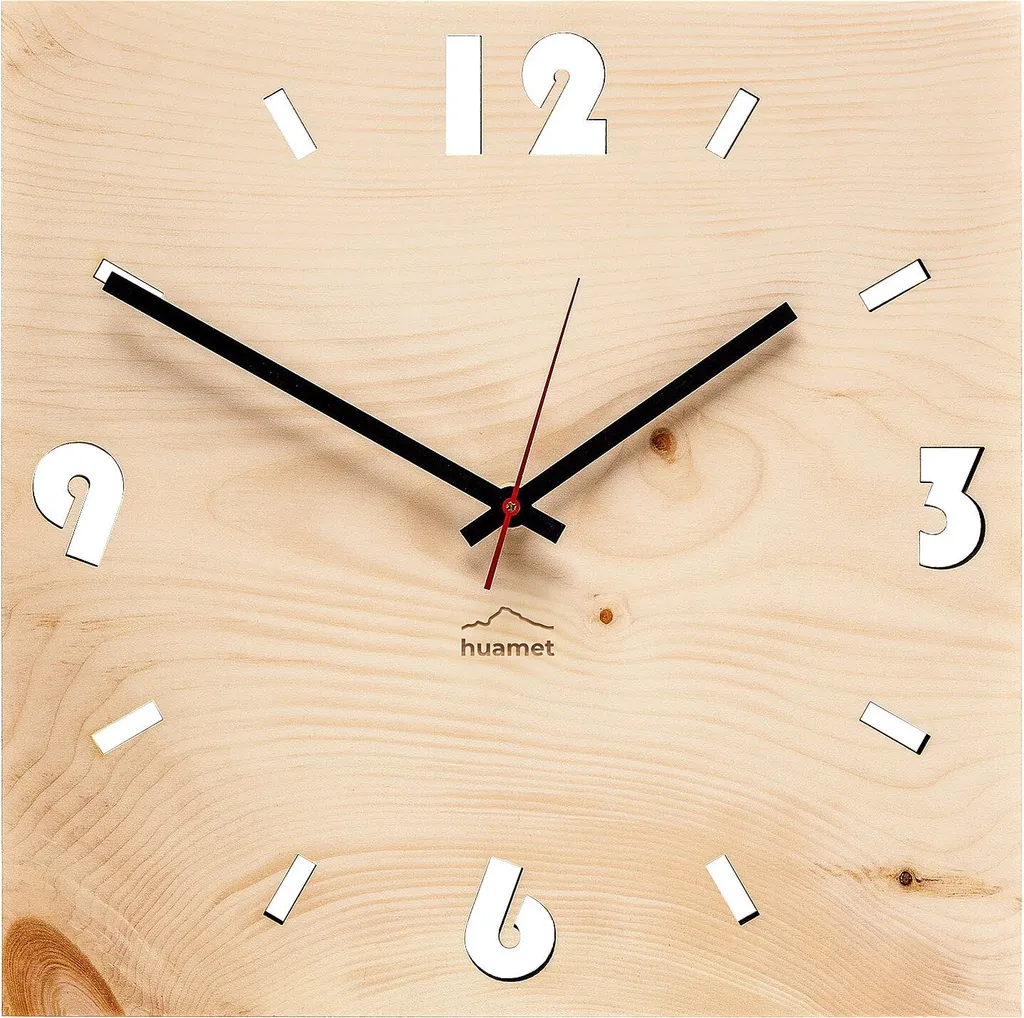 Huamet CH41-A-1604 Horloge murale en bois de Zirbe massif carré 25cm