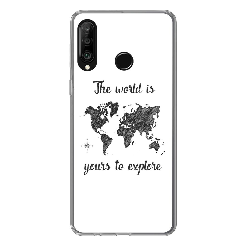 MuchoWow Handyhülle Schutzhülle Hülle für Huawei P30 Lite Weltkarte - Schwarz - Sprichwörter Silikon Softcase Handy Hülle - Handyhülle