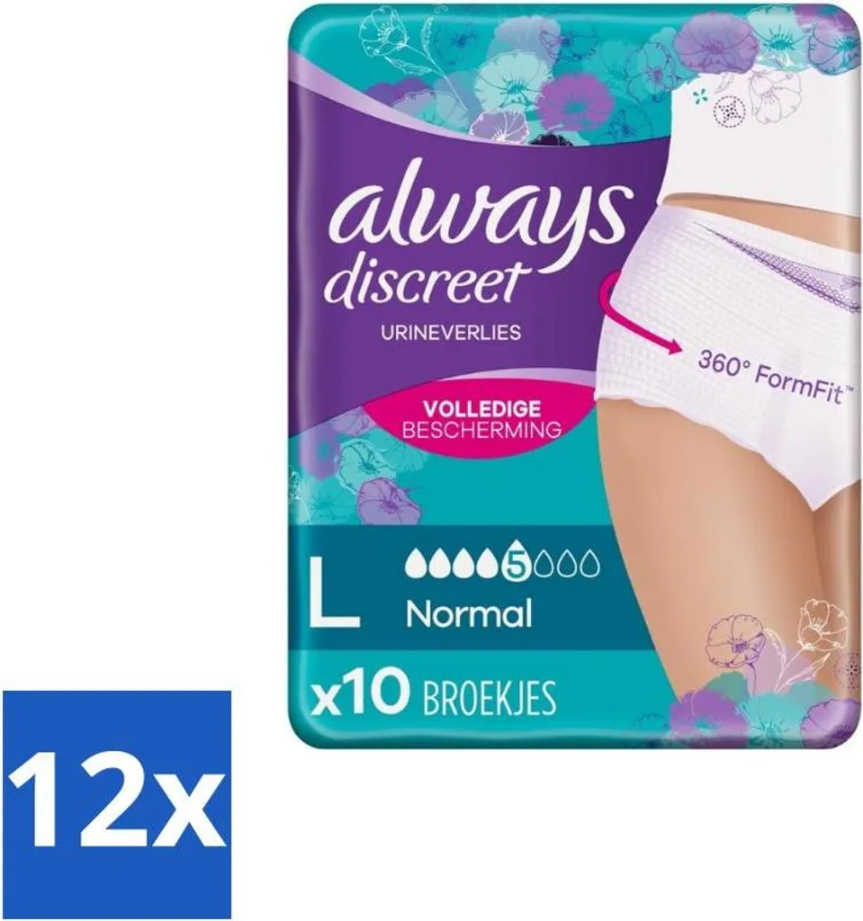 Always – Slip per incontinenza – Per incontinenza urinaria Taglia L – 10 slip per incontinenza - Confezione risparmio - 12 pezzi