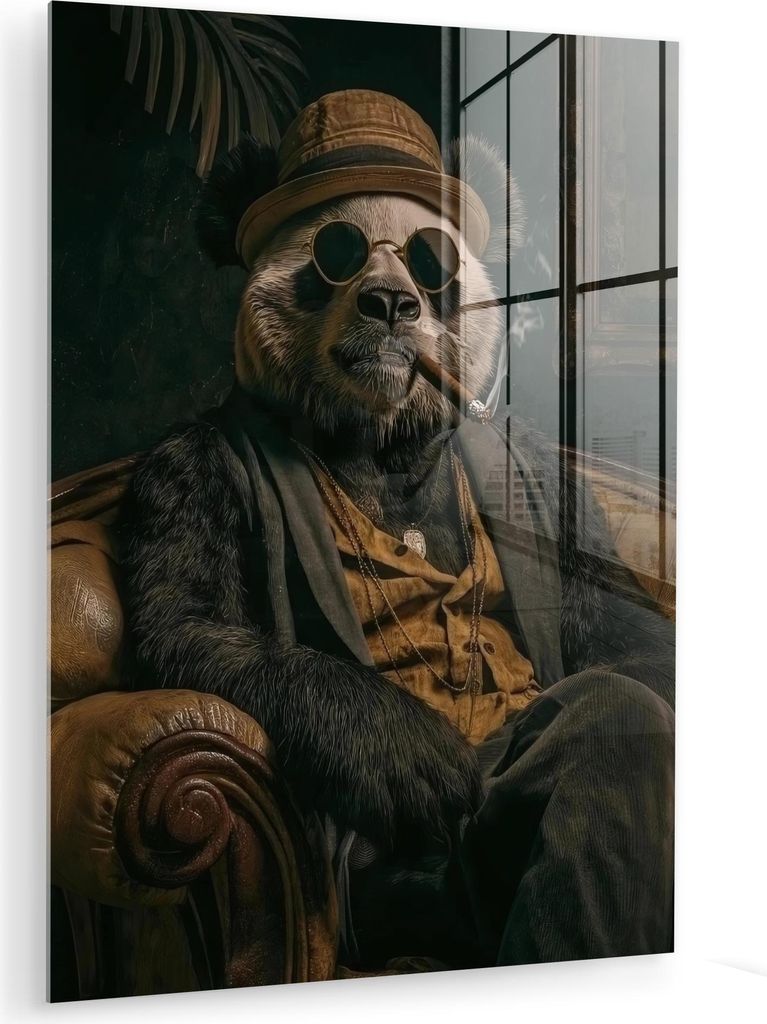 MuchoWow Glasbilder - Bilder auf Wandbild - Foto auf Glas Panda - Hut - Brille - Anzug 60x80 cm Wanddekoration aus Glas - Acrylglasbild - Acrylbild...
