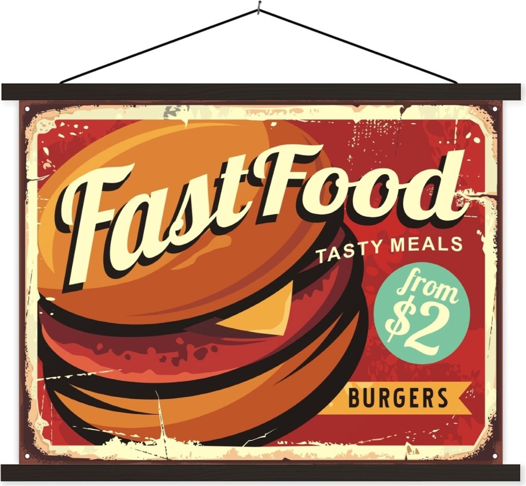MuchoWow Textilposter Hamburger - Vintage - Teller 120x90 cm mit schwarzem Rahmen - Aufhänger für Poster