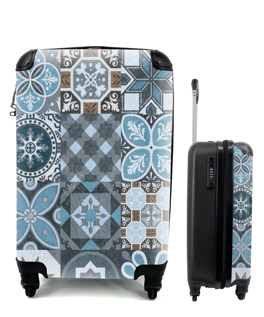 MuchoWow Koffer Handgepäck Trolley Rollkoffer Kleine Reisekoffer mit 4 Rollen - Design - Blume - Blau - Figuren - Cabin Size < 55x40x23 cm & 55x...