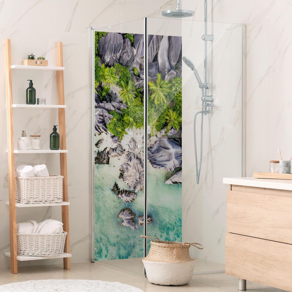 Duschrückwand Strand selbstklebend - 0.35 mm Wandpaneel wasserfest Palme blau Tropisch Badrückwand fugenlos Smart matt 110x190 cm