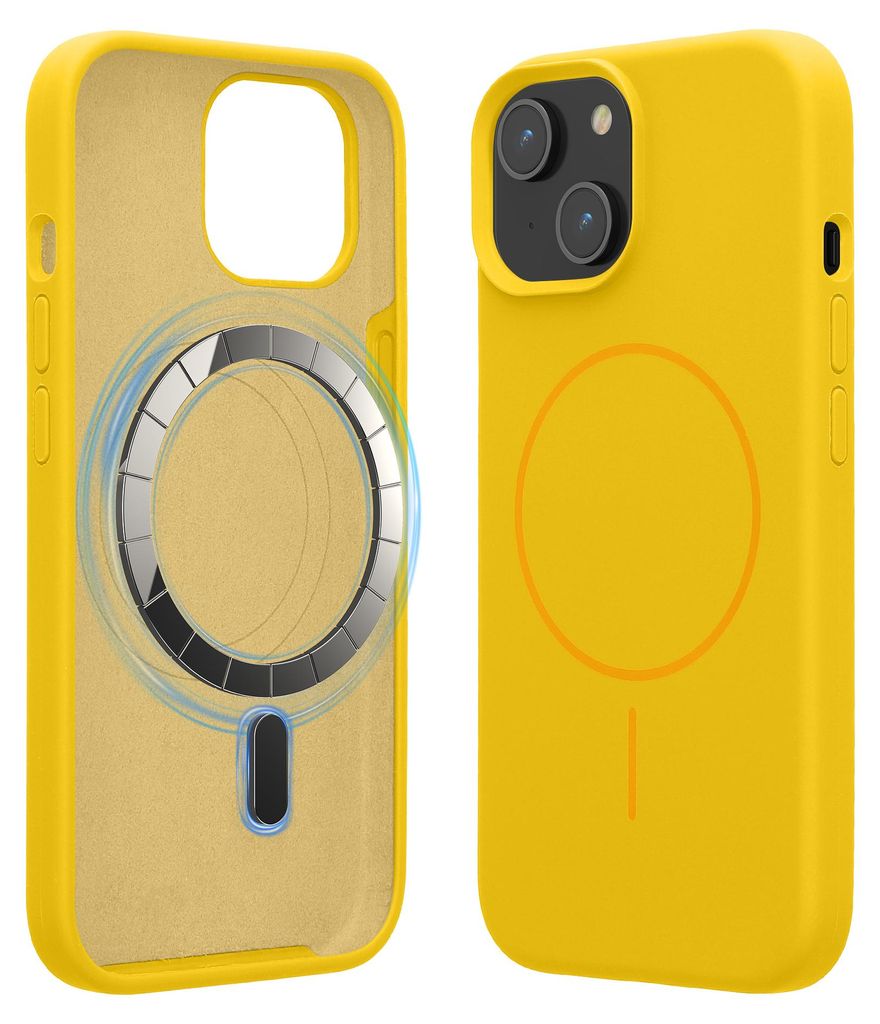 kwmobile Handyhülle für Apple iPhone 15 - Hülle für MagSafe - Hülle für iPhone 15 Case - Silikon Rückseite magnetisch in Strahlend Gelb