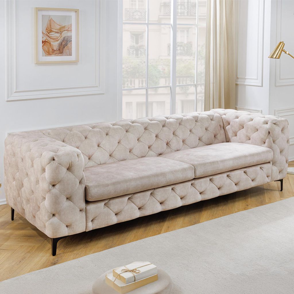 riess-ambiente Chesterfield 3er Sofa MODERN BAROCK 235cm champagner beige Samt Federkern 3-Sitzer Sofa Couch Dreisitzer