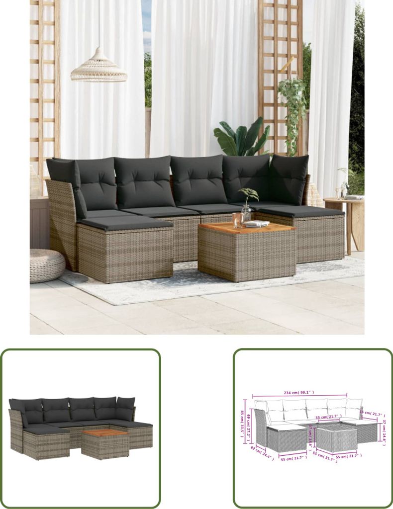 The Living Store 7-tlg. Garten-Sofagarnitur mit Kissen Grau Poly Rattan
