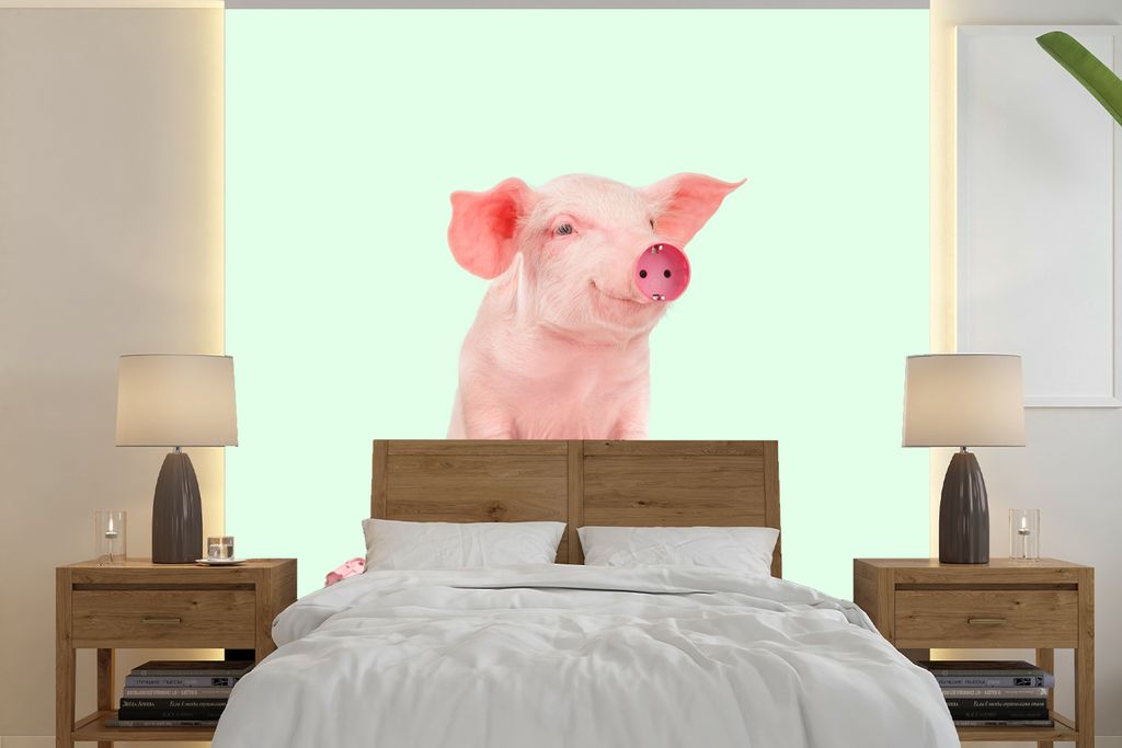 MuchoWow Fototapete für Wohnzimmer oder Schlafzimmer Wandtapete Vinyl Motivtapete Schwein - Rosa - Sockel - Tiere - 240x240 cm - Schlafzimmer-Ta...