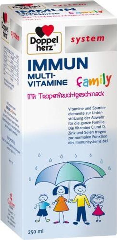 A box of Doppelherz Immun Multivitamin Family with a drawing of a family under an umbrella.