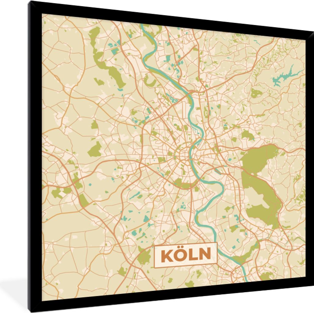 MuchoWow Gerahmtes Poster Karte - Köln - Stadtplan - Vintage - Karte 40x40 cm - Poster mit Schwarzem Bilderrahmen Wandposter Rahmen Foto Bilder ...