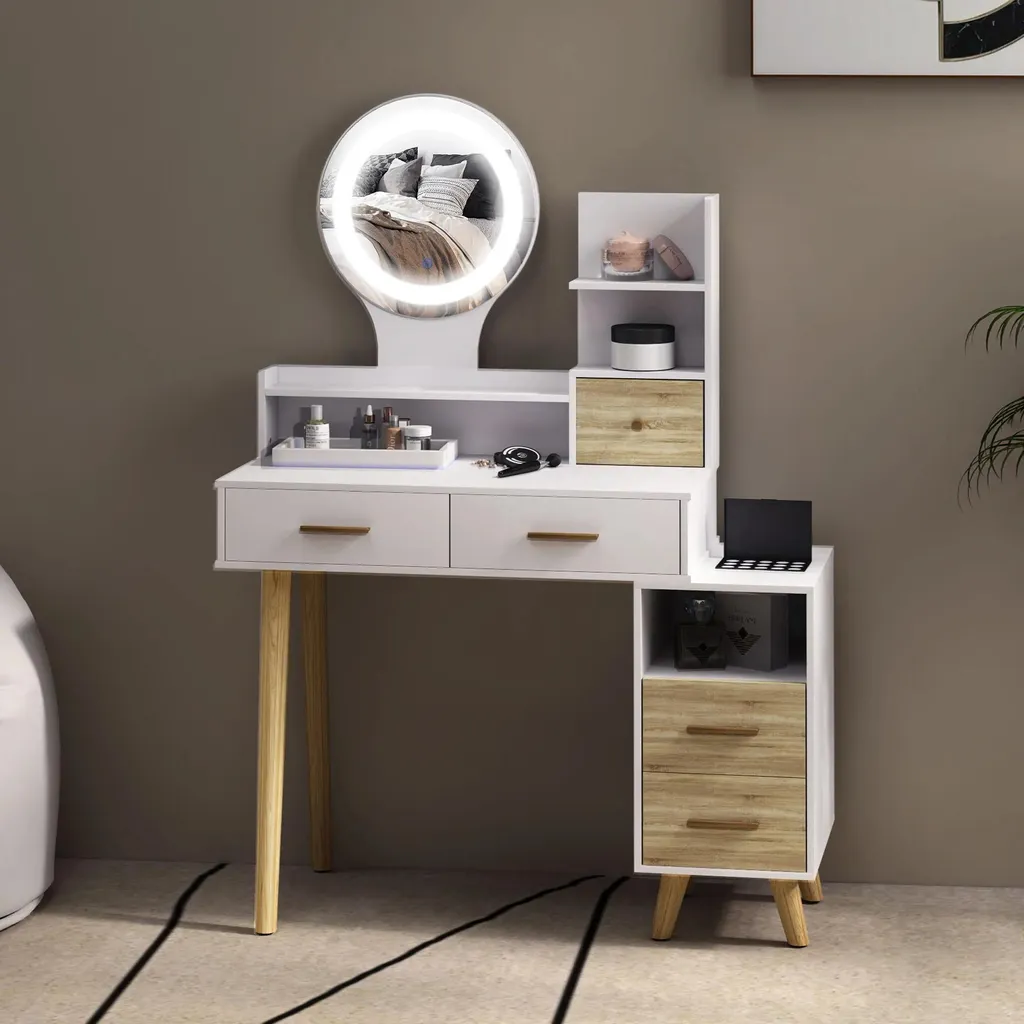 Coiffeuse avec miroir LED et luminosité réglable - Modèle Blanc Épure