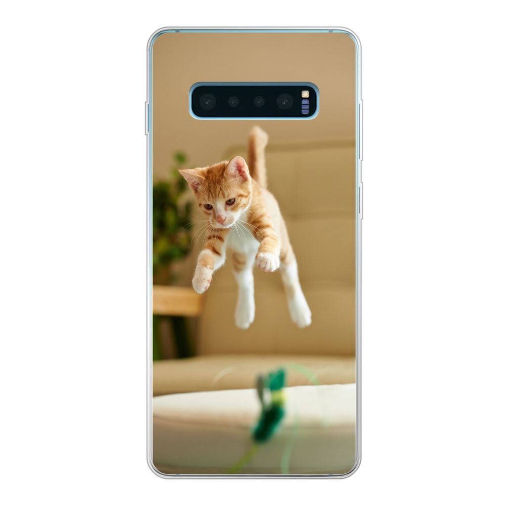 MuchoWow Handyhülle Schutzhülle Hülle für Samsung Galaxy S10 Plus Katze - Springen - Spielzeug Silikon Softcase Handy Hülle - Schutzhülle