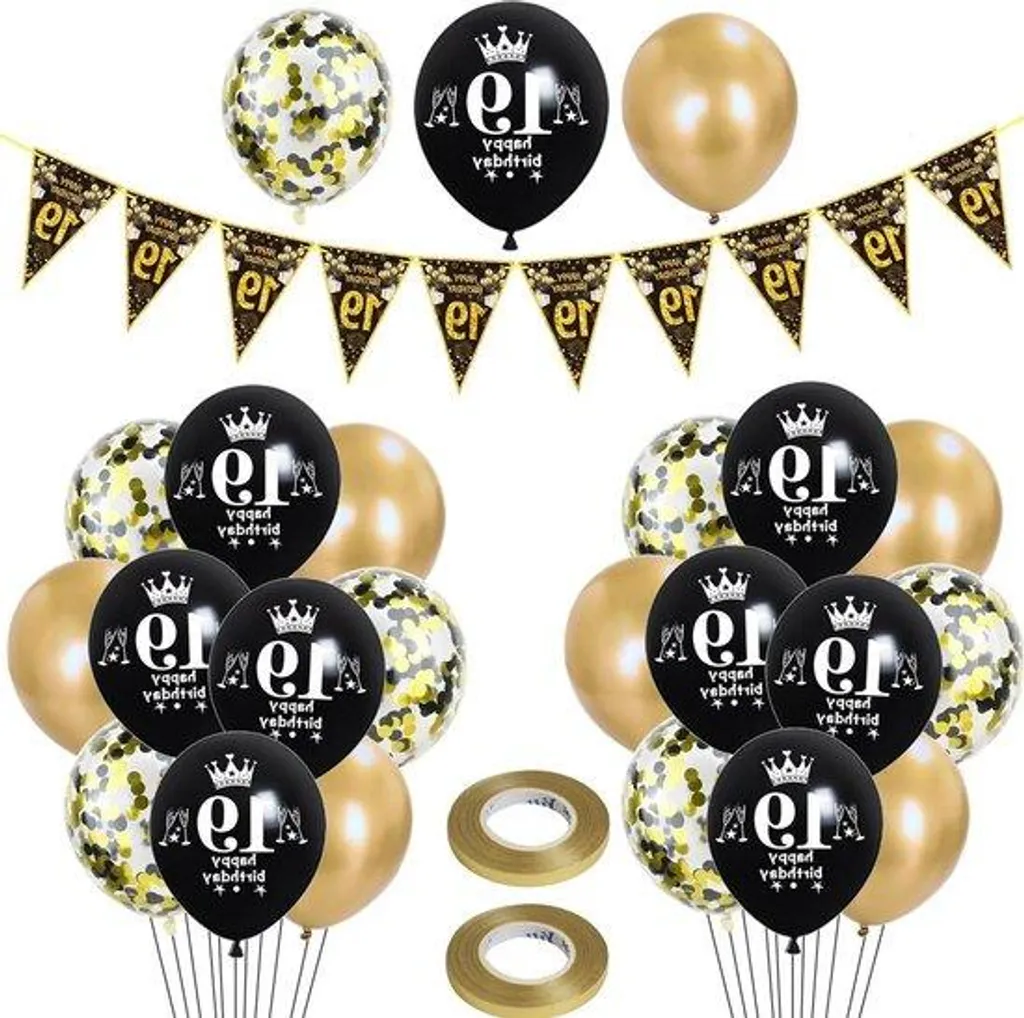 Décoration fête 19 ans - 23 ballons noir et or pour soirée chic