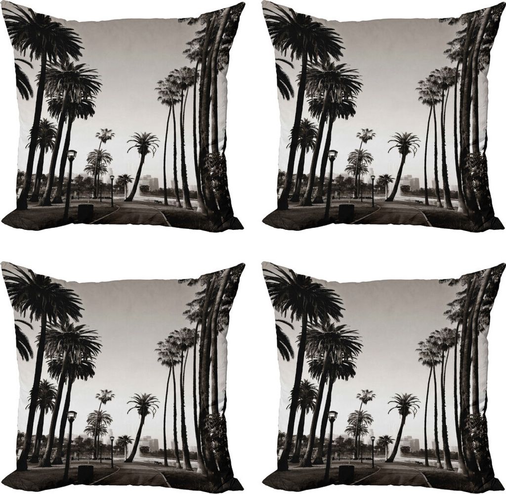 ABAKUHAUS Palme Kissenbezug Set (4 Stück), Los Angles Park View, Moderner Doppelseitiger Digitaldruck, 40 cm x 40 cm, Dark Brown White