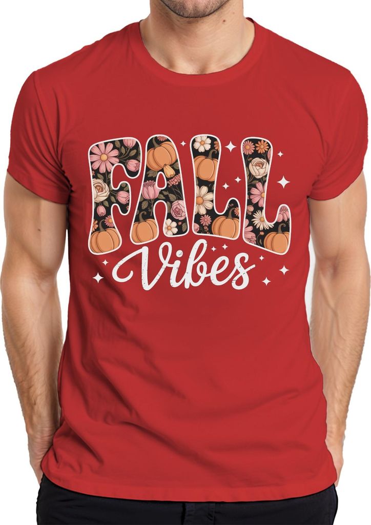 Fall Vibes Herbst Kürbis Blumen Boho Vintage Florales Gemütlich Herren T-Shirt, Rot, 3XL