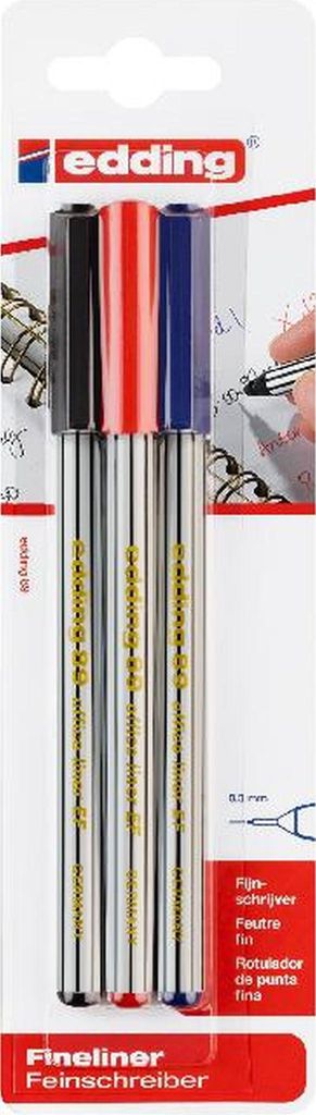 A package of three Edding fineliner pens in black, red, and blue.