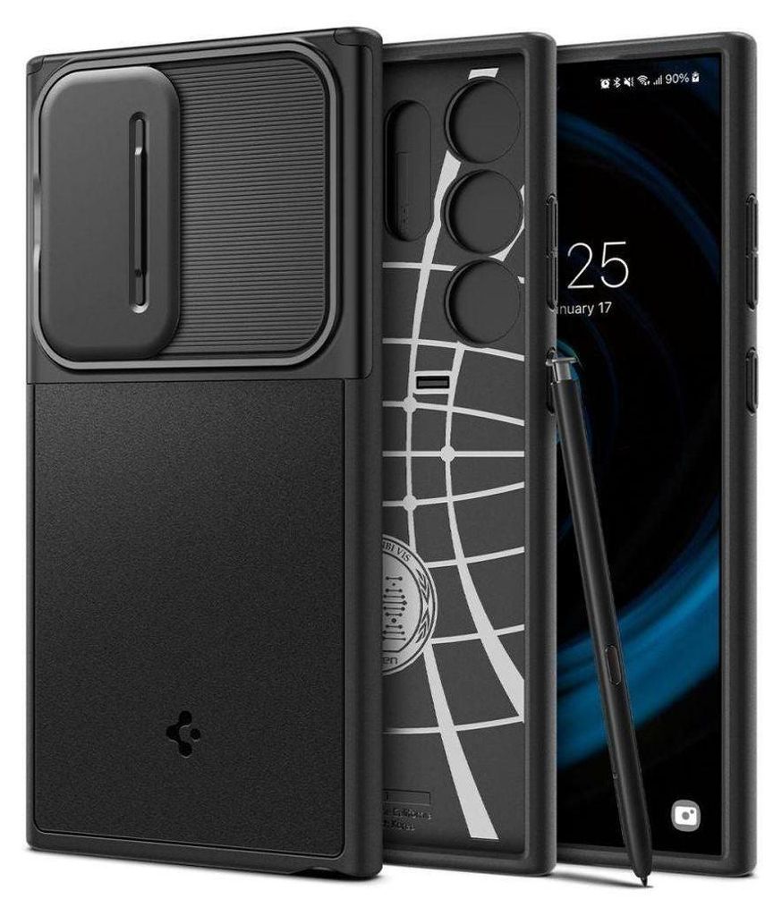 A black phone case and stylus are displayed next to a smartphone.