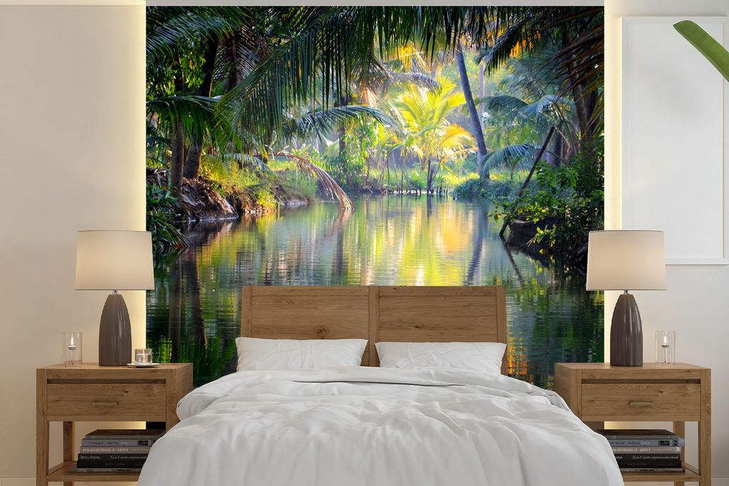 MuchoWow Fototapete für Wohnzimmer oder Schlafzimmer Wandtapete Vinyl Motivtapete Tropische Reflexion - 350x350 cm - Schlafzimmertapete