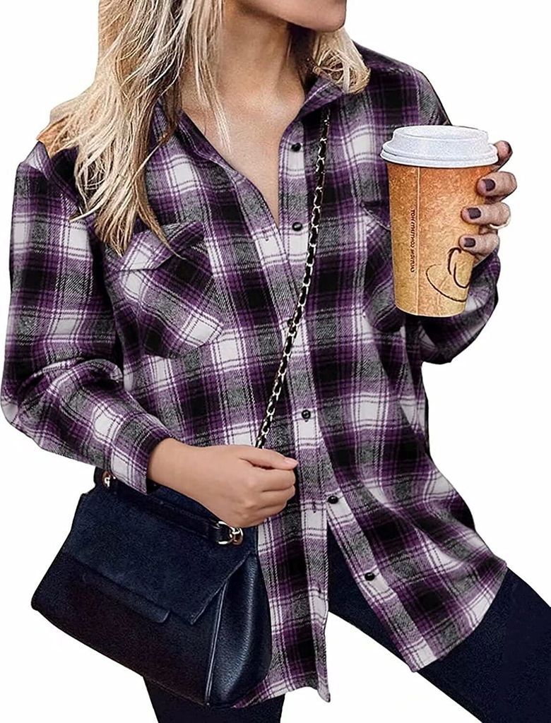 ASKSA Damen Bluse Casual Kariert Hemdjacke Knöpfe Langarmshirt Plaid, Violett, XXL