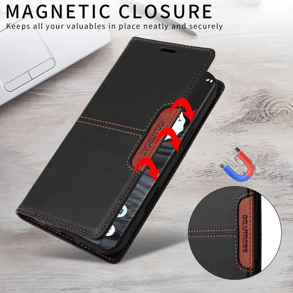 Cover Elegante Google Pixel 7 Pro: Pelle Nera Flip Wallet e Stand - 4