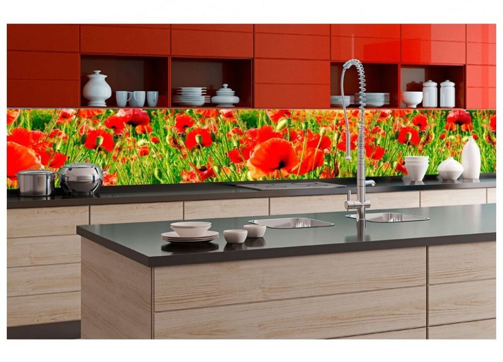 Küchenrückwand Folie selbstklebend ROTE MOHNBLUMEN 350 x 60 cm - Klebefolie - Dekofolie - Spritzschutz für Küche -