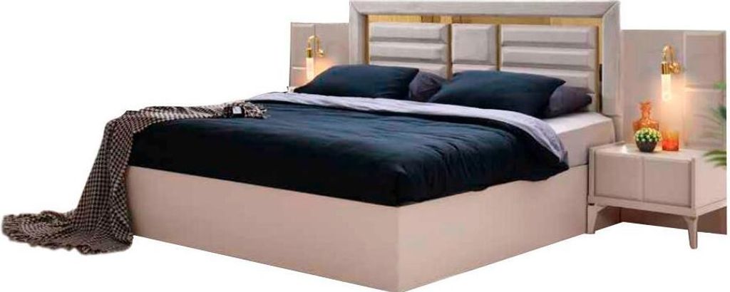 Schlafzimmer-Set Bett 2x Nachttische Beige Einfarbing Modern Design Stil