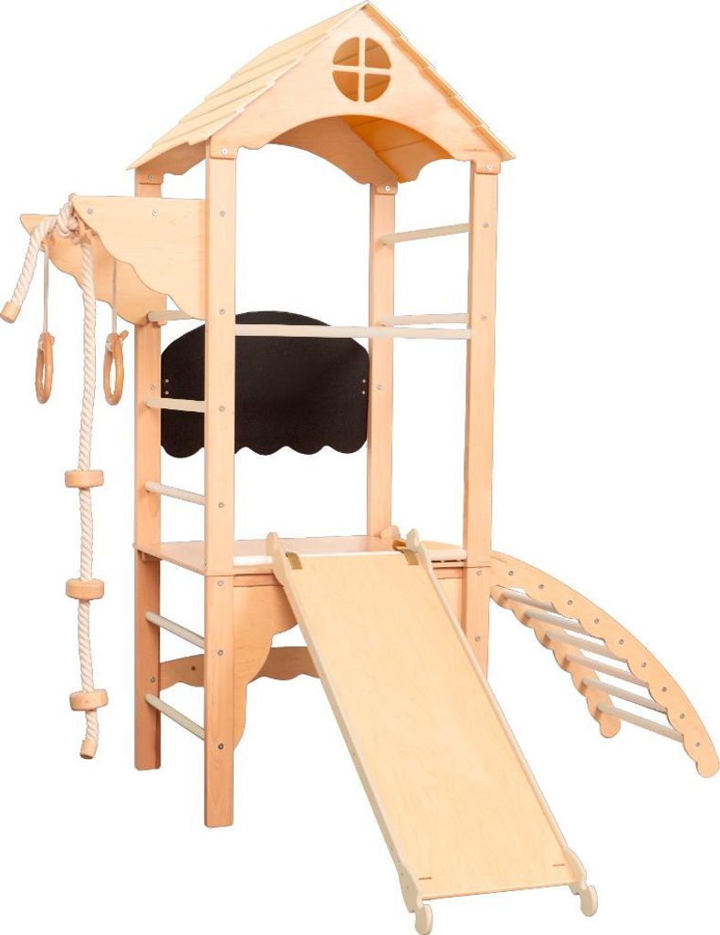 Indoor Kletterturm für Kinder aus Holz | Spielturm mit Rutsche, Turnringen & Seil | Indoor Spielplatz Tower aus Buche & Birke